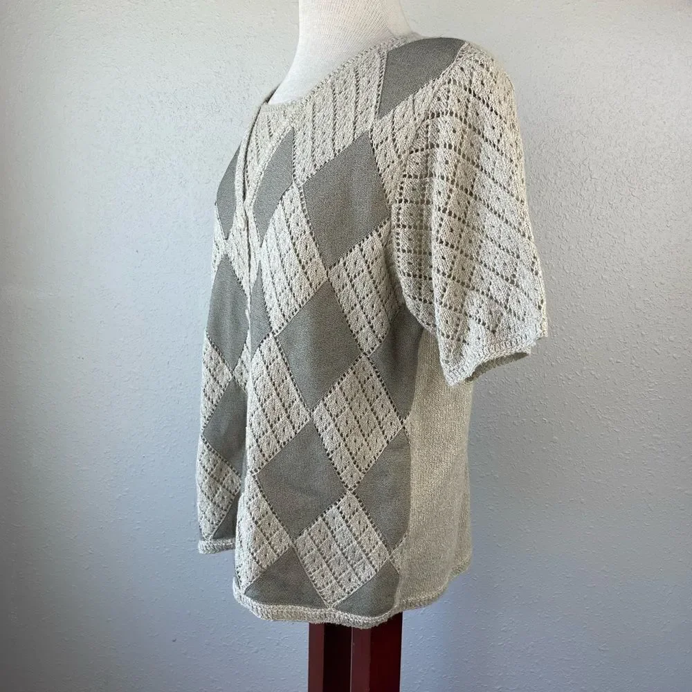 Alfred Dunner Faux Button Down Short Sleeve Sweater Top Size M EUC
